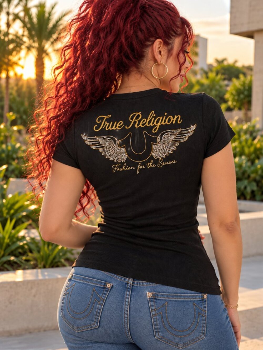 True Religion Black Crystal Wing Henley Tee Shirt Size L Rhinestone NWT